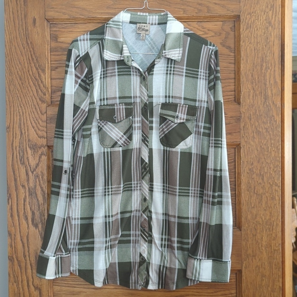 Como Vintage Women's 2-Pocket Plaid Long-Sleeve Button-Down Shirt Size M